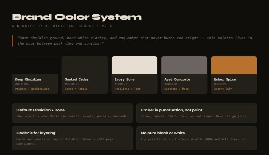 AI-generated brand color system with swatches and rules
